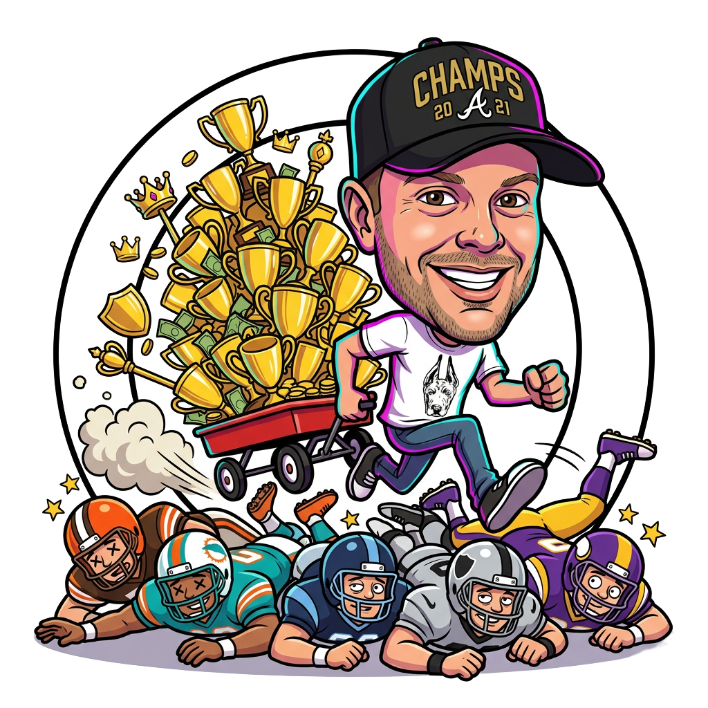 Dane, the Pick Six Losers mascot, racing over fallen players with a wagon full of trophies
